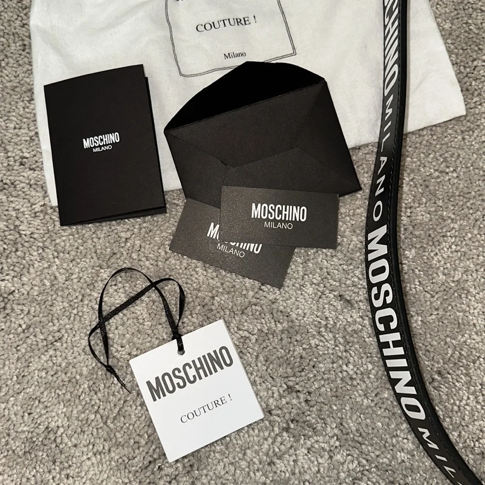 Moschino Black Belt with White Logo and Gold Buckle